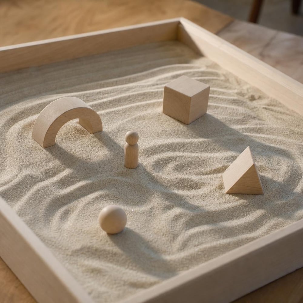 A shallow wooden sand tray, the sand raked into slow curves, with a few plain wooden shapes and a small figure placed on it